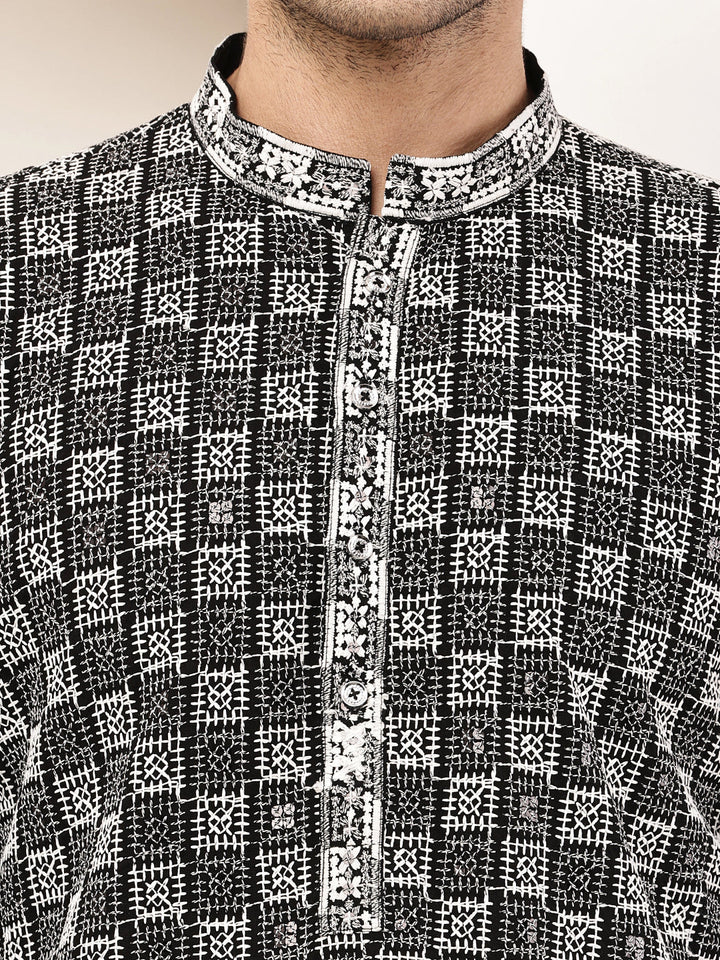 Men’s Black & White Embroidered Kurta Pyjama Set | SHOBITAM