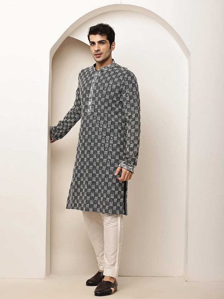 Men’s Black & White Embroidered Kurta Pyjama Set | SHOBITAM