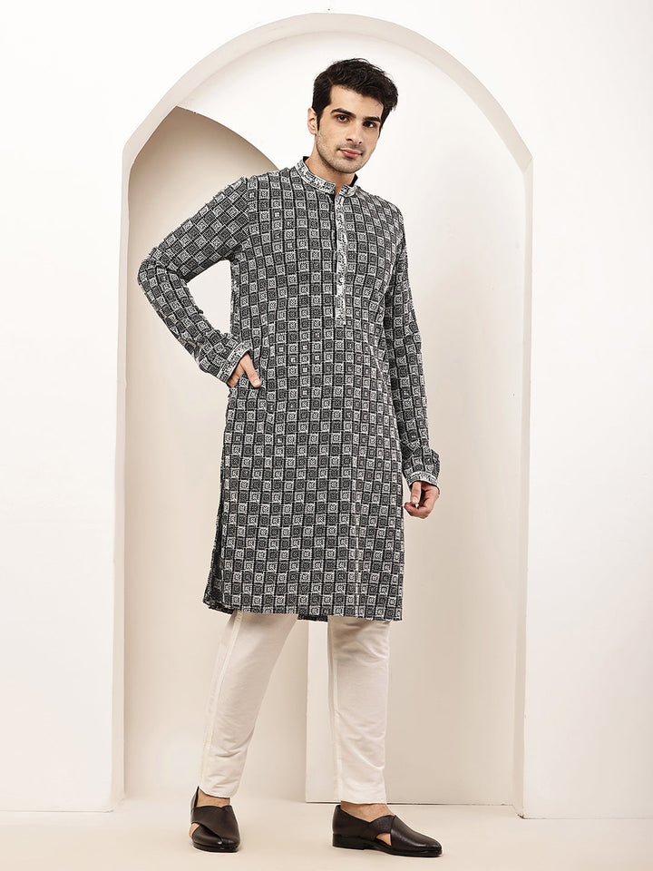 Men’s Black & White Embroidered Kurta Pyjama Set | SHOBITAM