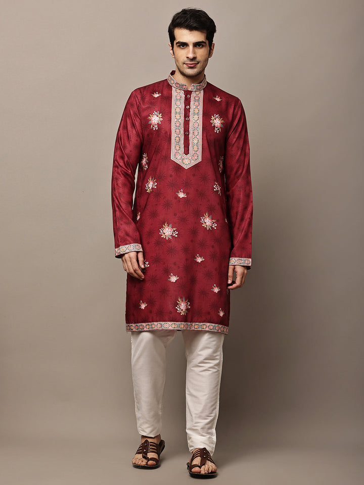 Men's Maroon Floral Printed Kurta with Embroidered Neck Panel Kurta Set | SHOBITAM