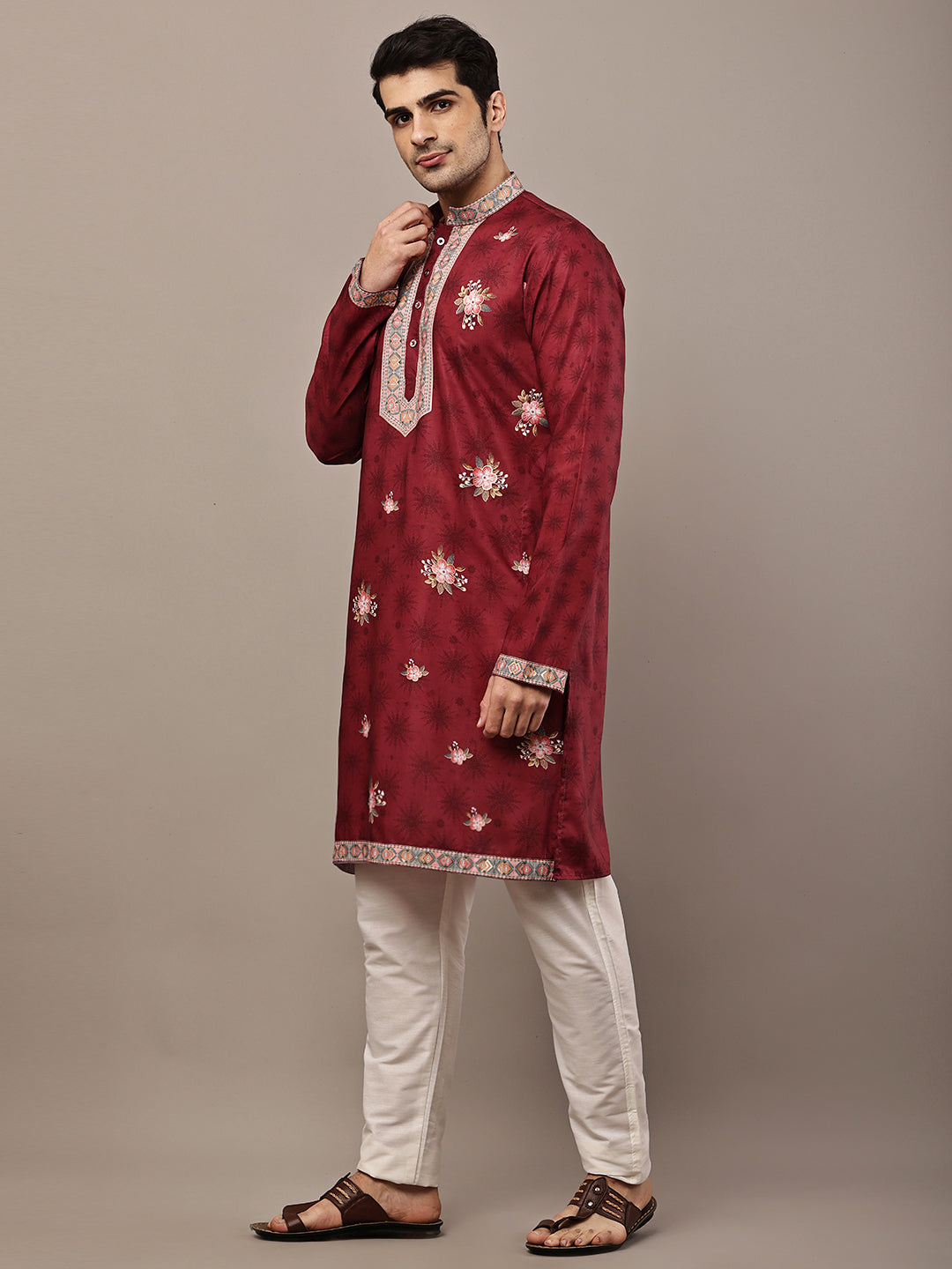 Men's Maroon Floral Printed Kurta with Embroidered Neck Panel Kurta Set | SHOBITAM