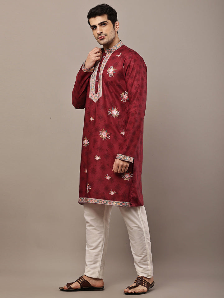 Men's Maroon Floral Printed Kurta with Embroidered Neck Panel Kurta Set | SHOBITAM
