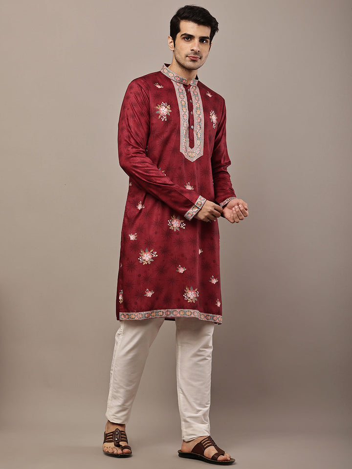 Men's Maroon Floral Printed Kurta with Embroidered Neck Panel Kurta Set | SHOBITAM