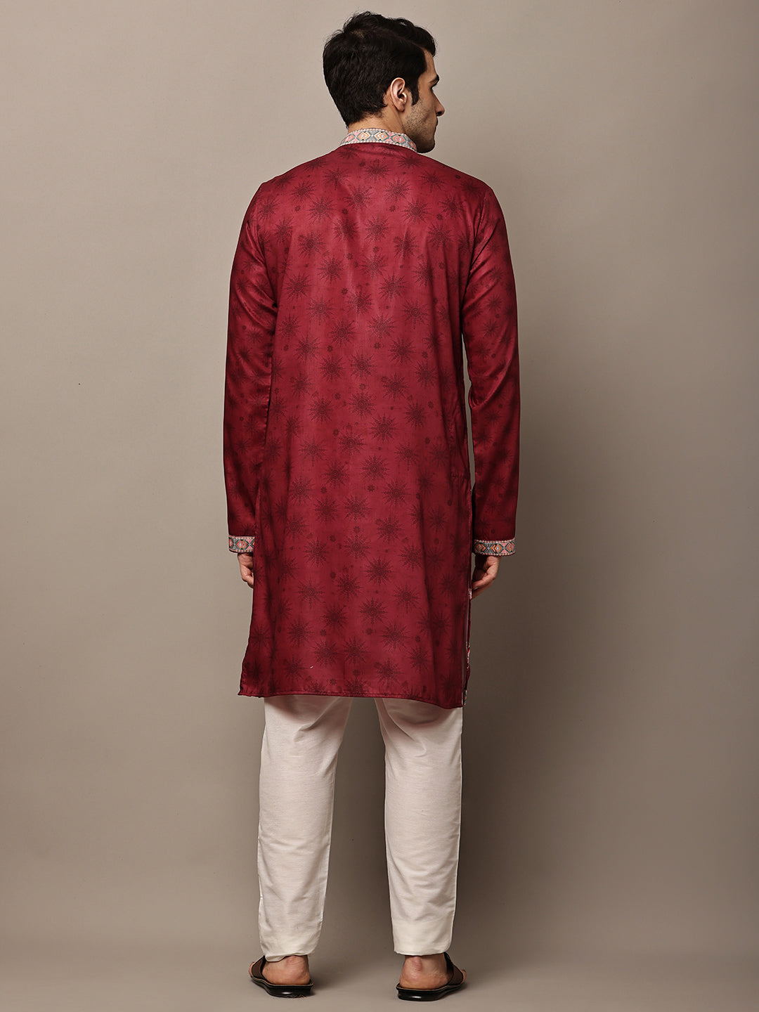 Men's Maroon Floral Printed Kurta with Embroidered Neck Panel Kurta Set | SHOBITAM