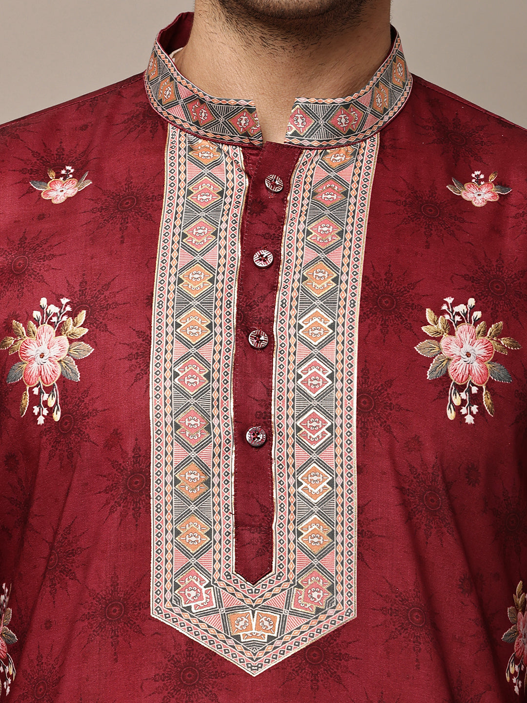 Men's Maroon Floral Printed Kurta with Embroidered Neck Panel Kurta Set | SHOBITAM