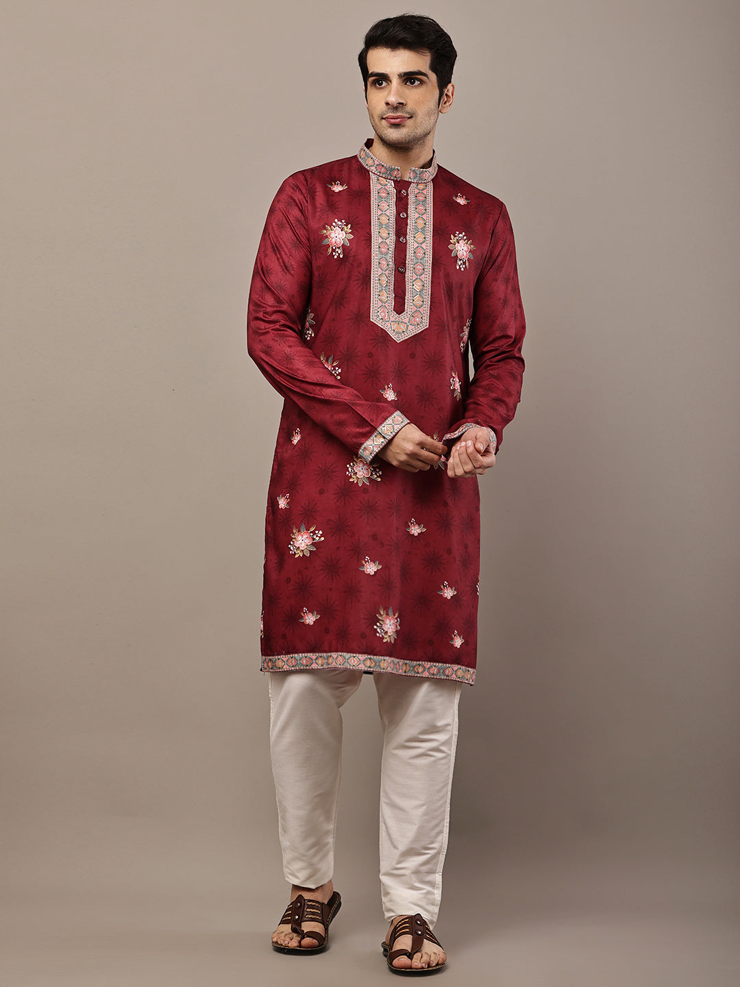 Men's Maroon Floral Printed Kurta with Embroidered Neck Panel Kurta Set | SHOBITAM