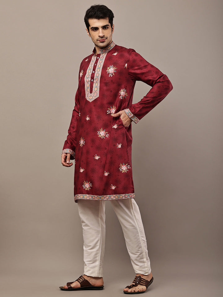 Men's Maroon Floral Printed Kurta with Embroidered Neck Panel Kurta Set | SHOBITAM