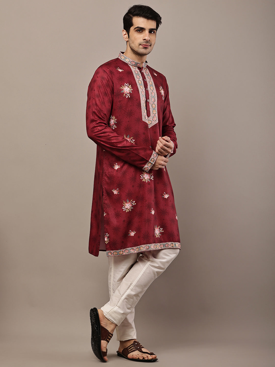 Men's Maroon Floral Printed Kurta with Embroidered Neck Panel Kurta Set | SHOBITAM