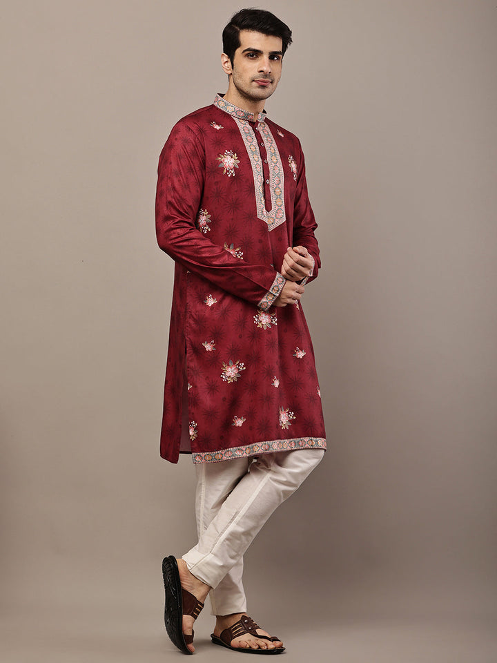 Men's Maroon Floral Printed Kurta with Embroidered Neck Panel Kurta Set | SHOBITAM