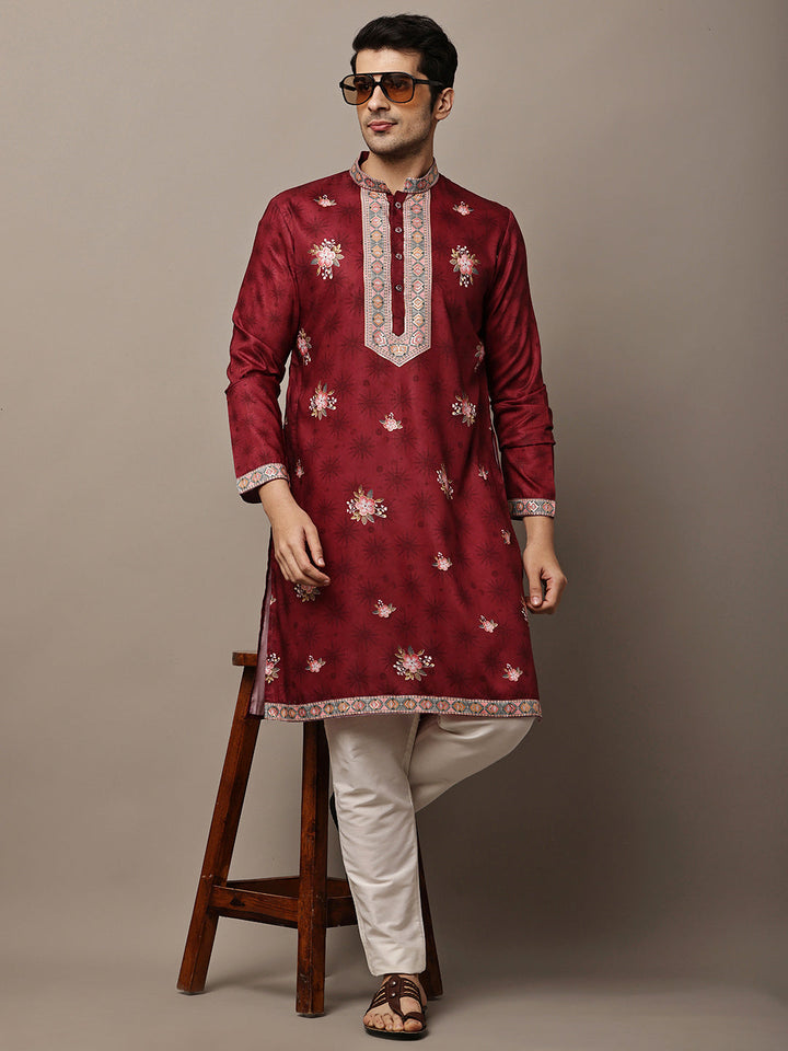 Men's Maroon Floral Printed Kurta with Embroidered Neck Panel Kurta Set | SHOBITAM