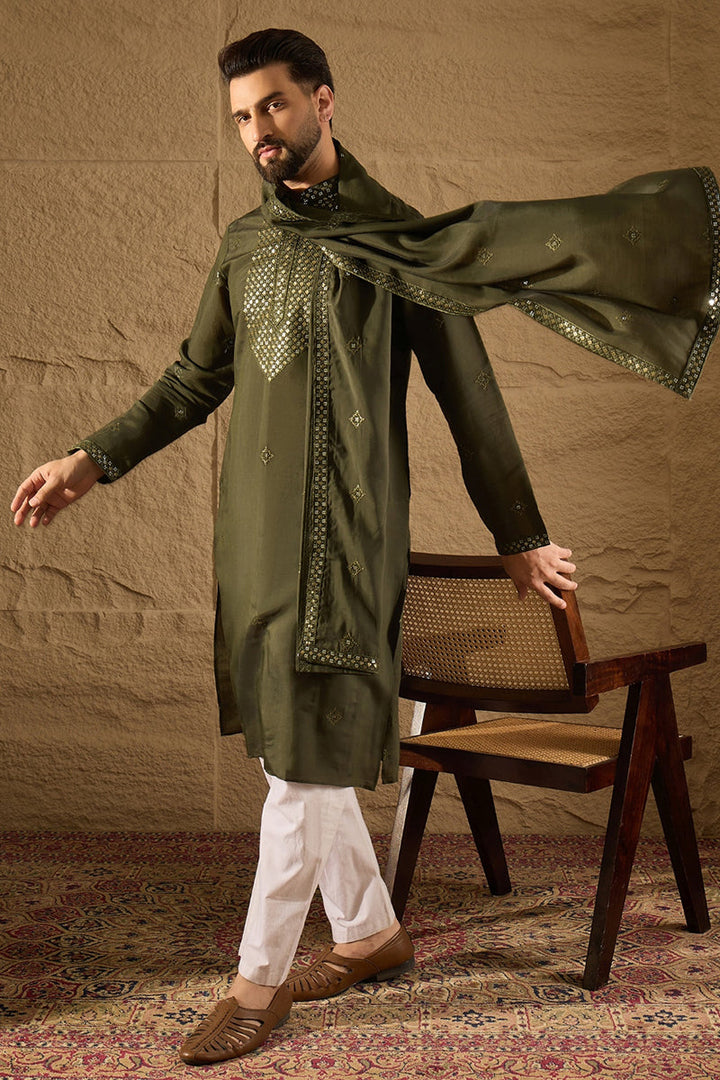 Green Silk Blend Embroidered Straight Kurta Trouser with Dupatta | SHOBITAM
