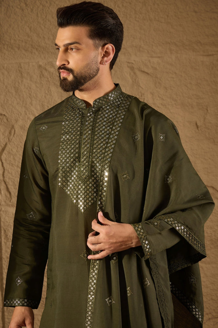 Green Silk Blend Solid Embroidered Straight Kurta with Dupatta For Men | SHOBITAM