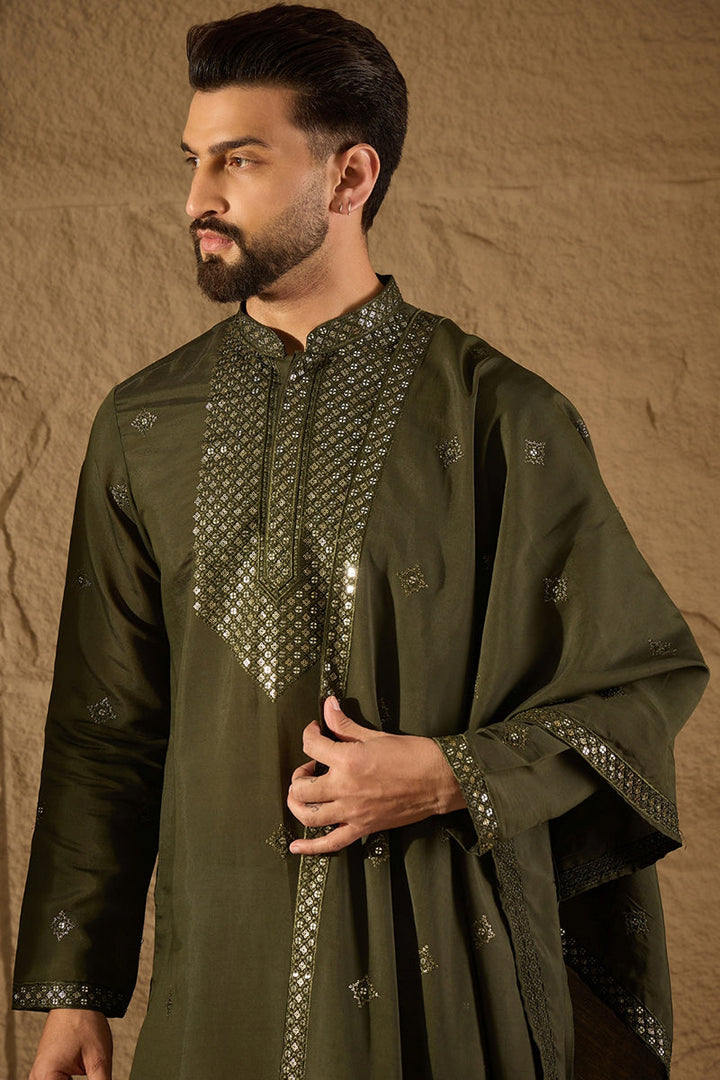 Green Silk Blend Embroidered Straight Kurta Trouser with Dupatta | SHOBITAM