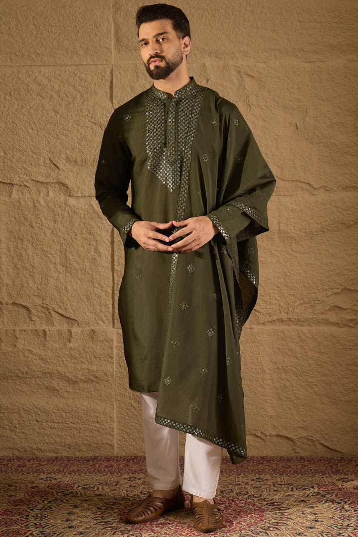 Green Silk Blend Solid Embroidered Straight Kurta with Dupatta For Men | SHOBITAM