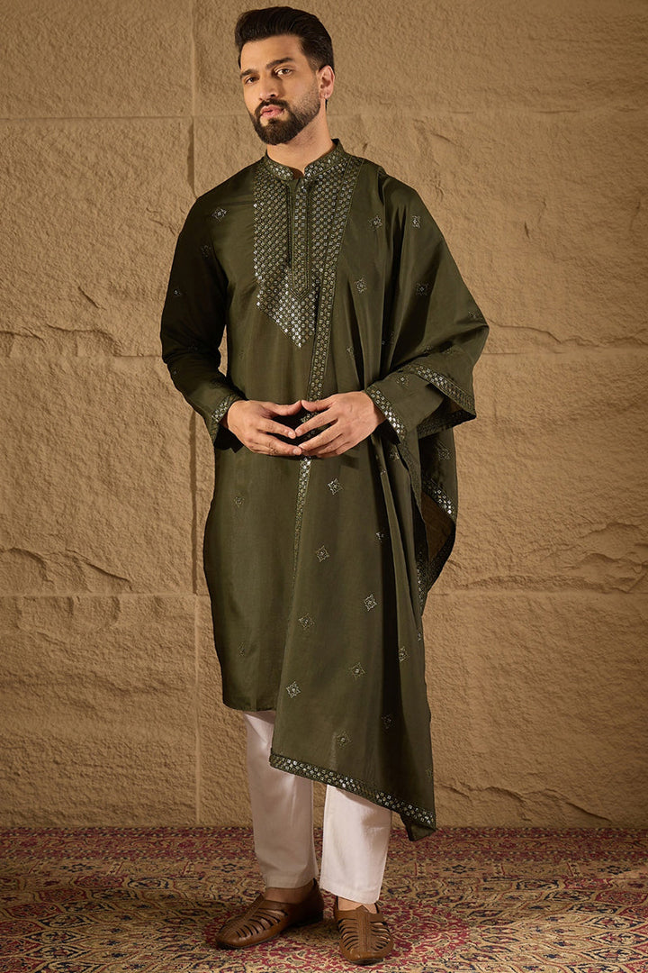 Green Silk Blend Embroidered Straight Kurta Trouser with Dupatta | SHOBITAM