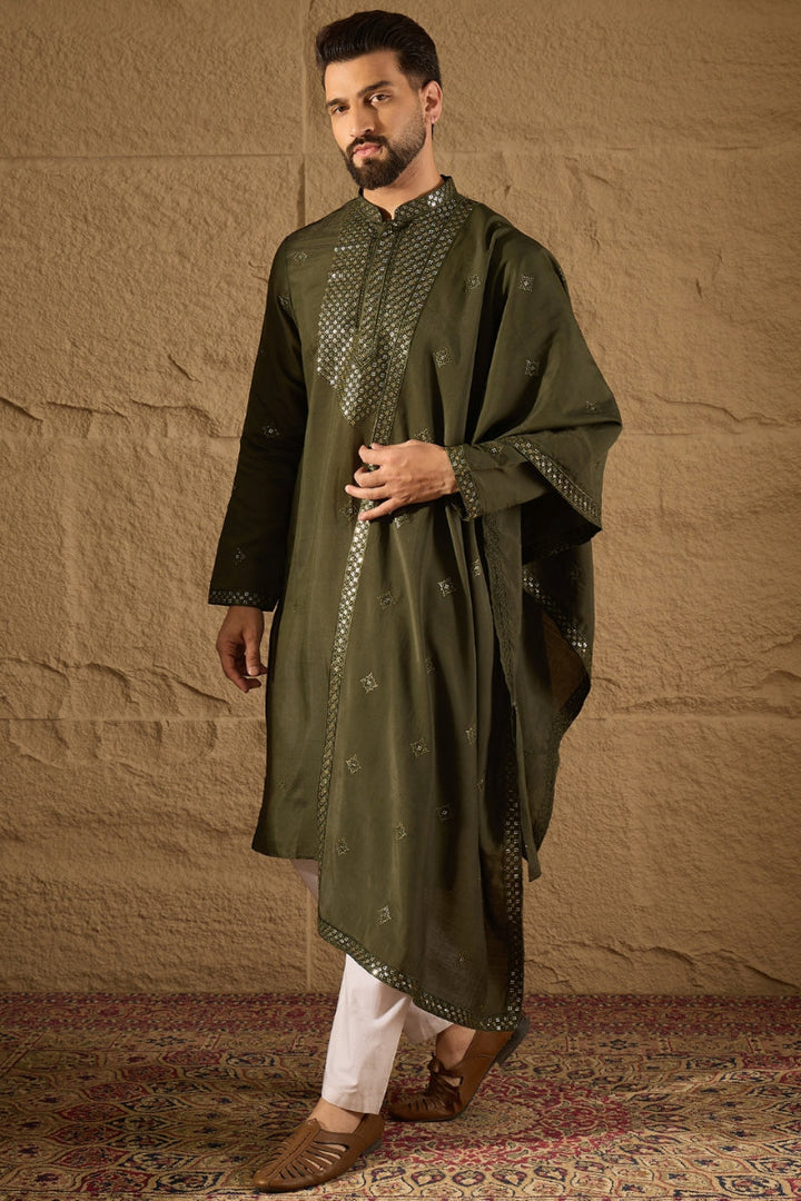 Green Silk Blend Solid Embroidered Straight Kurta with Dupatta For Men | SHOBITAM
