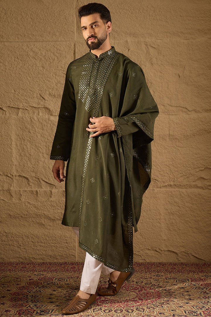 Green Silk Blend Embroidered Straight Kurta Trouser with Dupatta | SHOBITAM