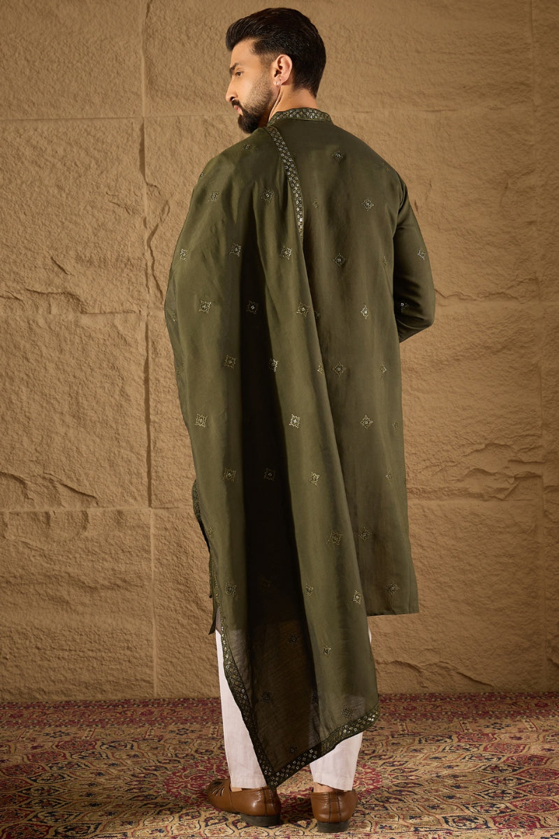Green Silk Blend Solid Embroidered Straight Kurta with Dupatta For Men | SHOBITAM