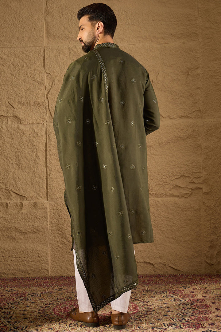 Green Silk Blend Embroidered Straight Kurta Trouser with Dupatta | SHOBITAM