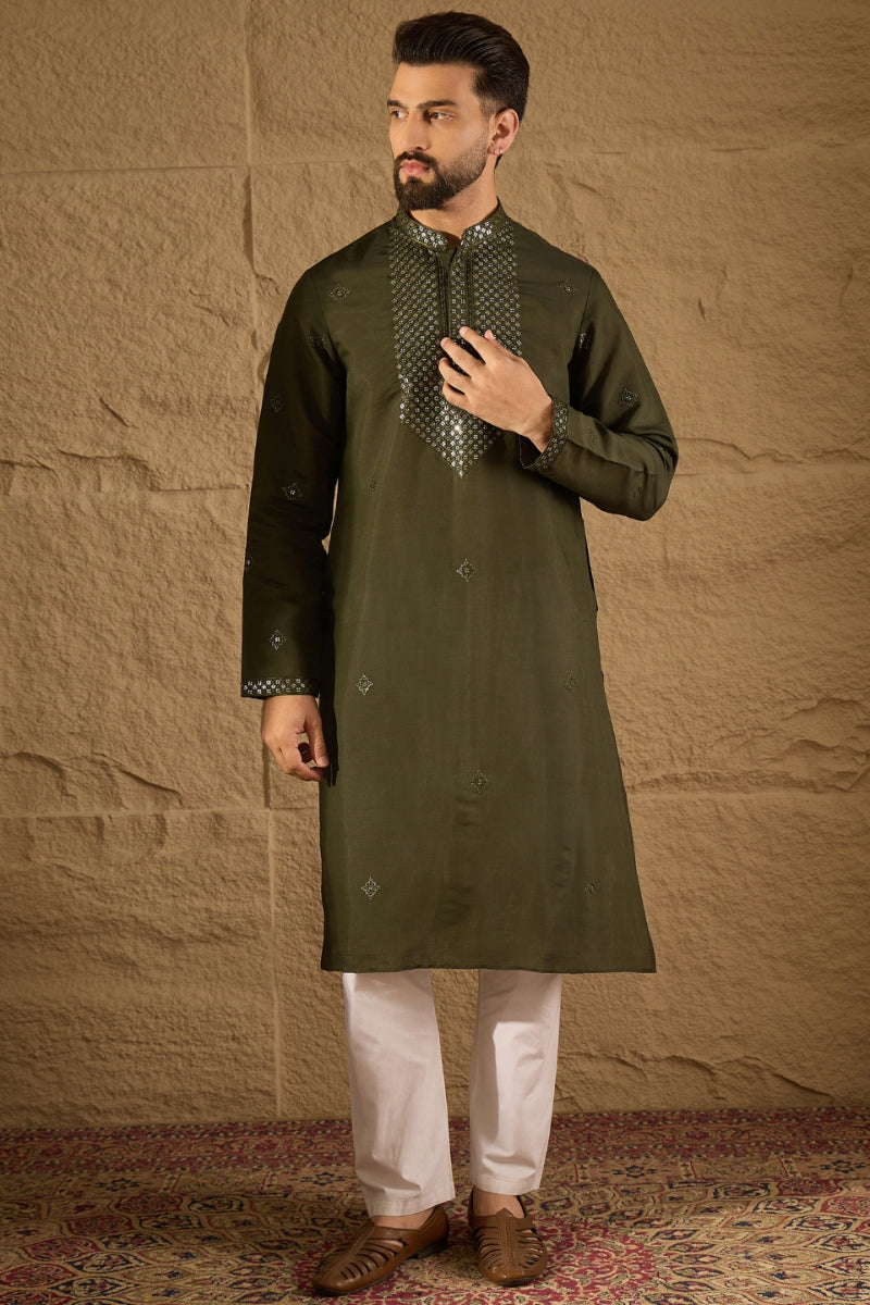Green Silk Blend Solid Embroidered Straight Kurta with Dupatta For Men | SHOBITAM