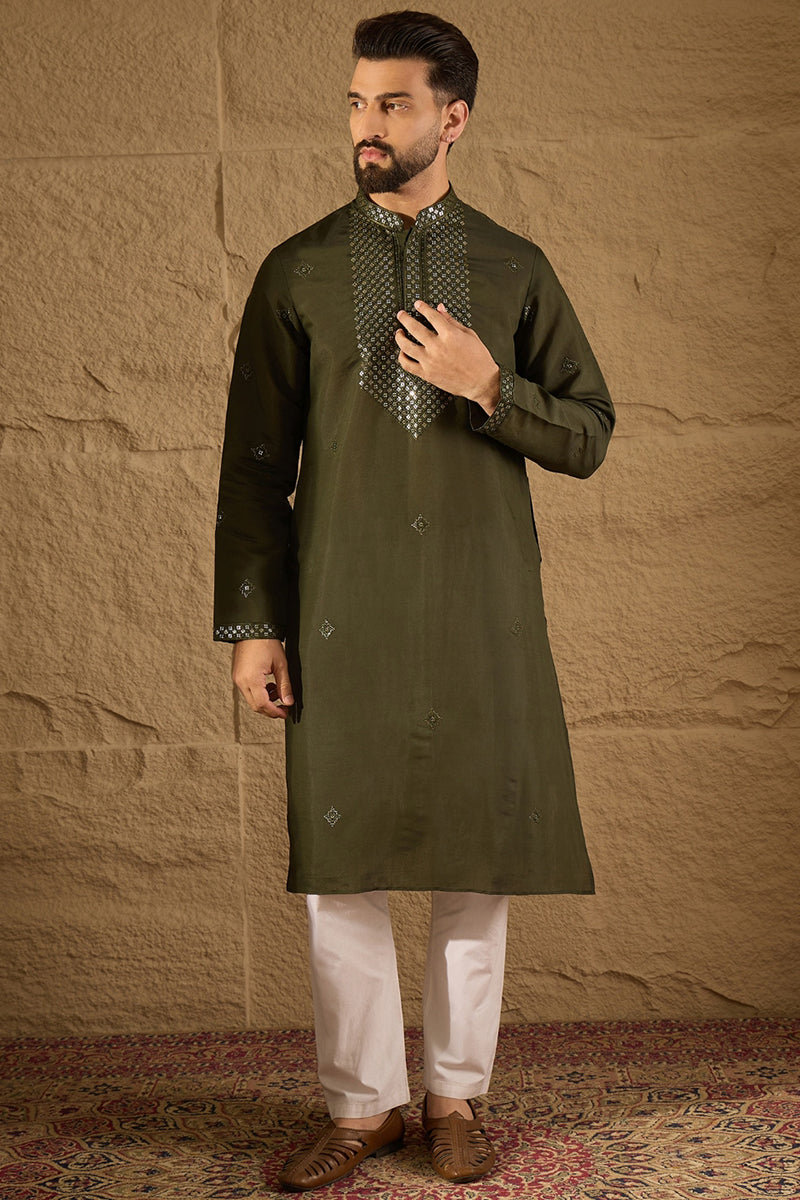 Green Silk Blend Embroidered Straight Kurta Trouser with Dupatta | SHOBITAM