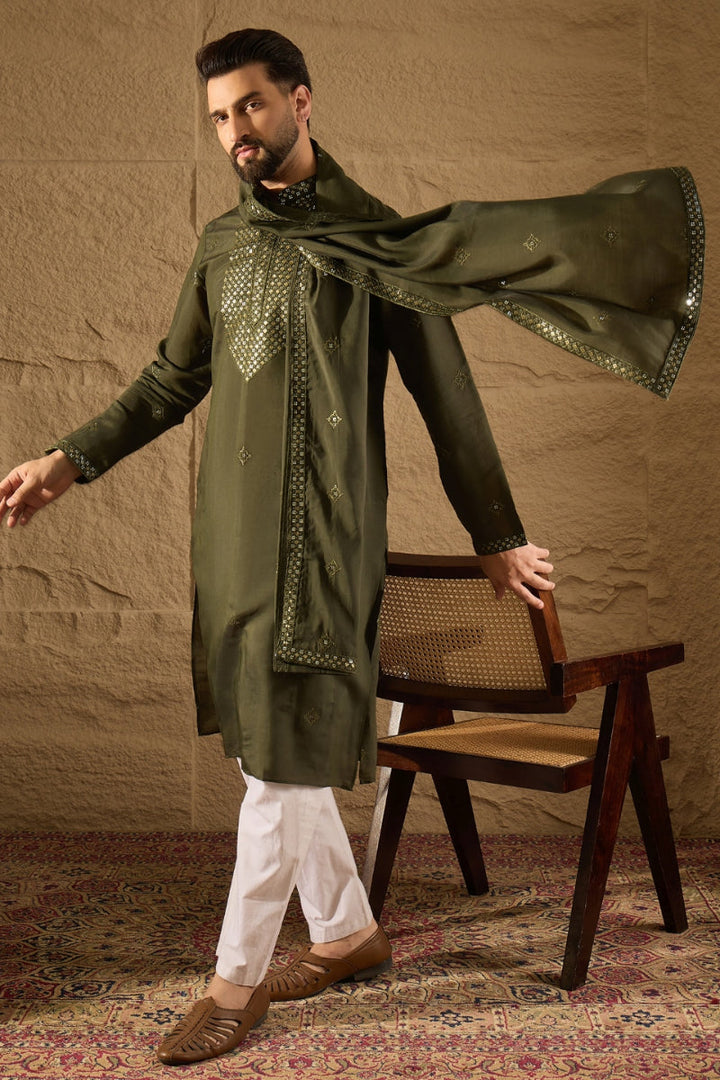 Green Silk Blend Solid Embroidered Straight Kurta with Dupatta For Men | SHOBITAM