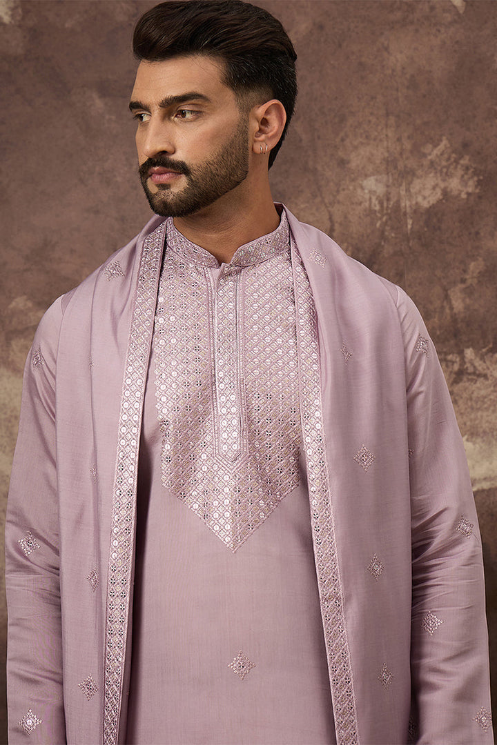 Lavender Silk Blend Solid Embroidered Straight Kurta with Dupatta For Men | SHOBITAM