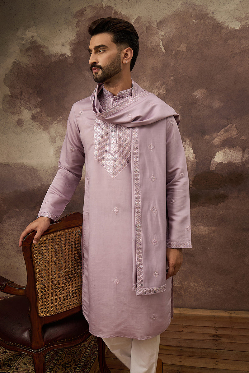 Lavender Silk Blend Embroidered Straight Kurta Trouser with Dupatta | SHOBITAM