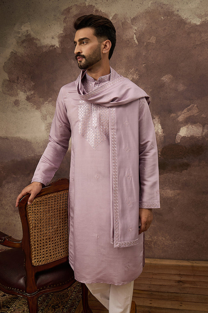 Lavender Silk Blend Embroidered Straight Kurta Trouser with Dupatta | SHOBITAM