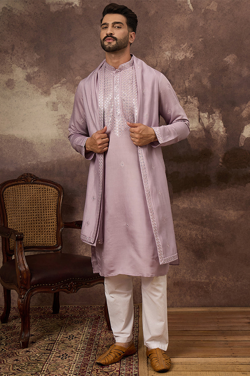 Lavender Silk Blend Solid Embroidered Straight Kurta with Dupatta For Men | SHOBITAM