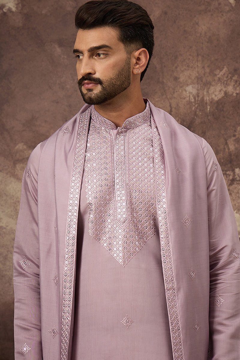 Lavender Silk Blend Embroidered Straight Kurta Trouser with Dupatta | SHOBITAM