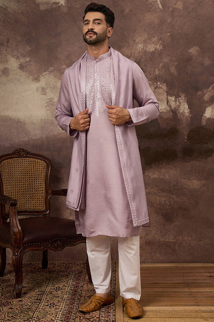 Lavender Silk Blend Embroidered Straight Kurta Trouser with Dupatta | SHOBITAM