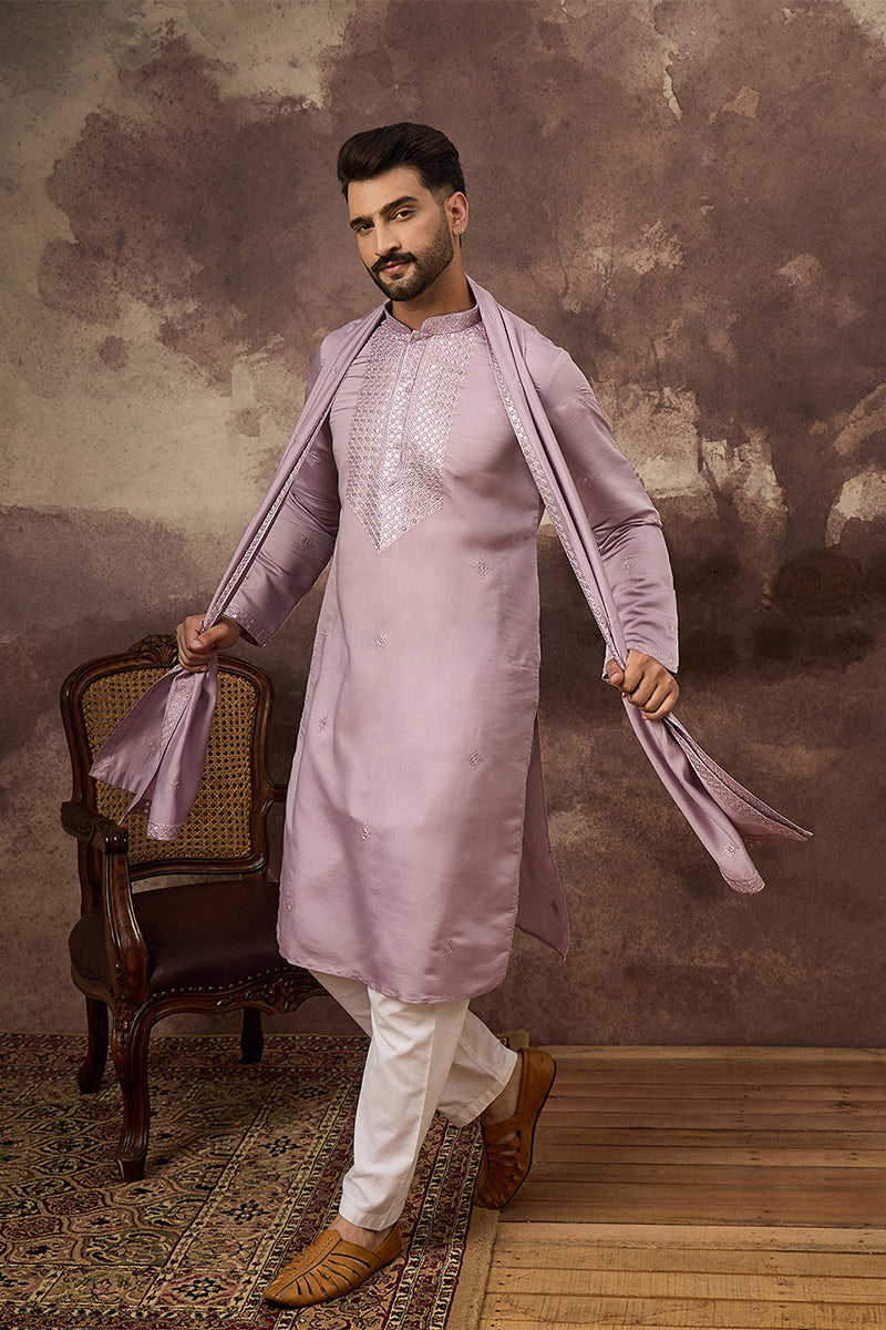 Lavender Silk Blend Solid Embroidered Straight Kurta with Dupatta For Men | SHOBITAM