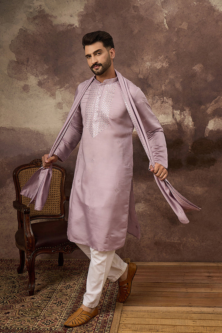 Lavender Silk Blend Embroidered Straight Kurta Trouser with Dupatta | SHOBITAM