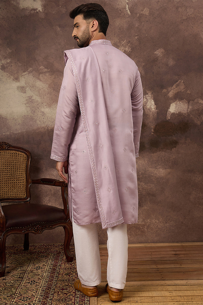Lavender Silk Blend Solid Embroidered Straight Kurta with Dupatta For Men | SHOBITAM