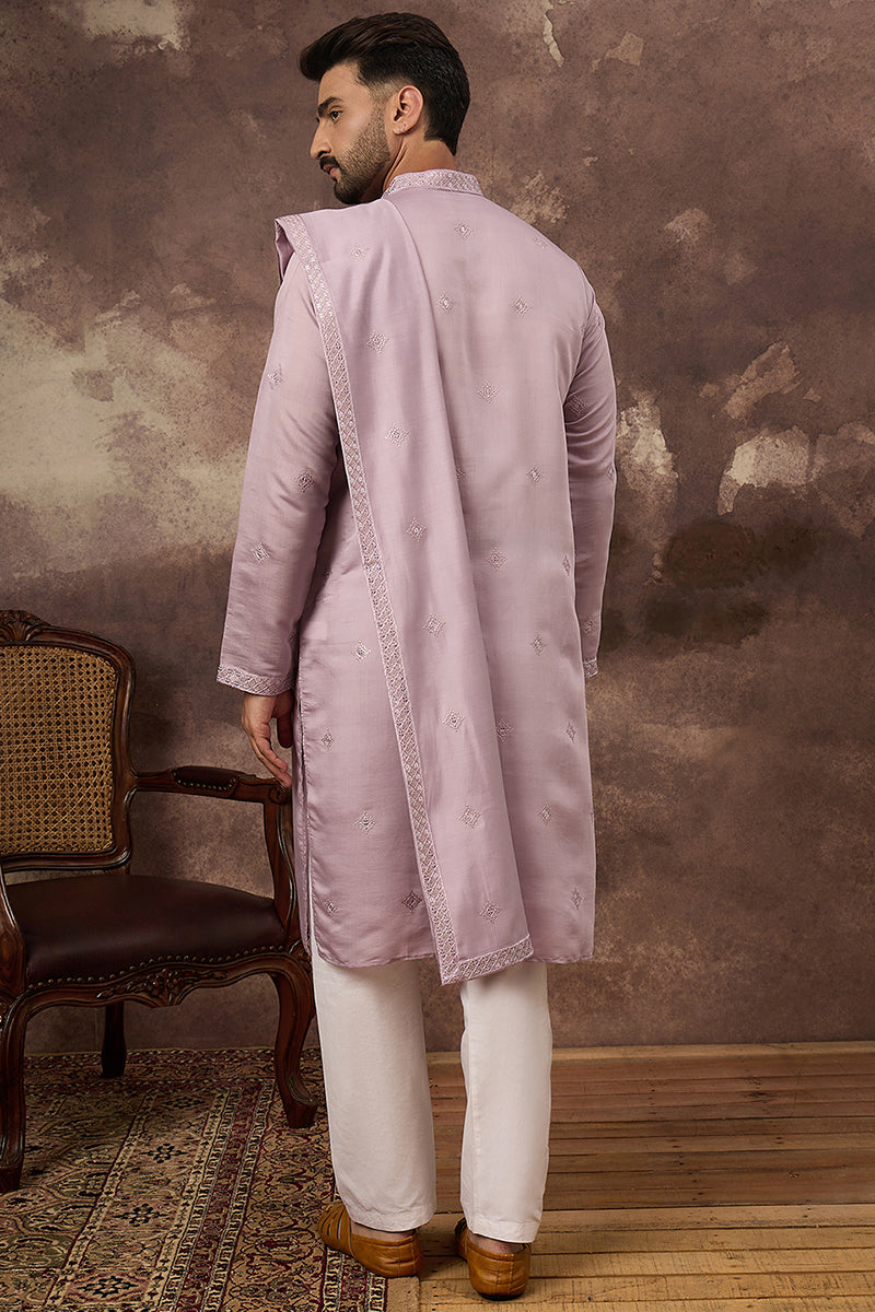 Lavender Silk Blend Embroidered Straight Kurta Trouser with Dupatta | SHOBITAM