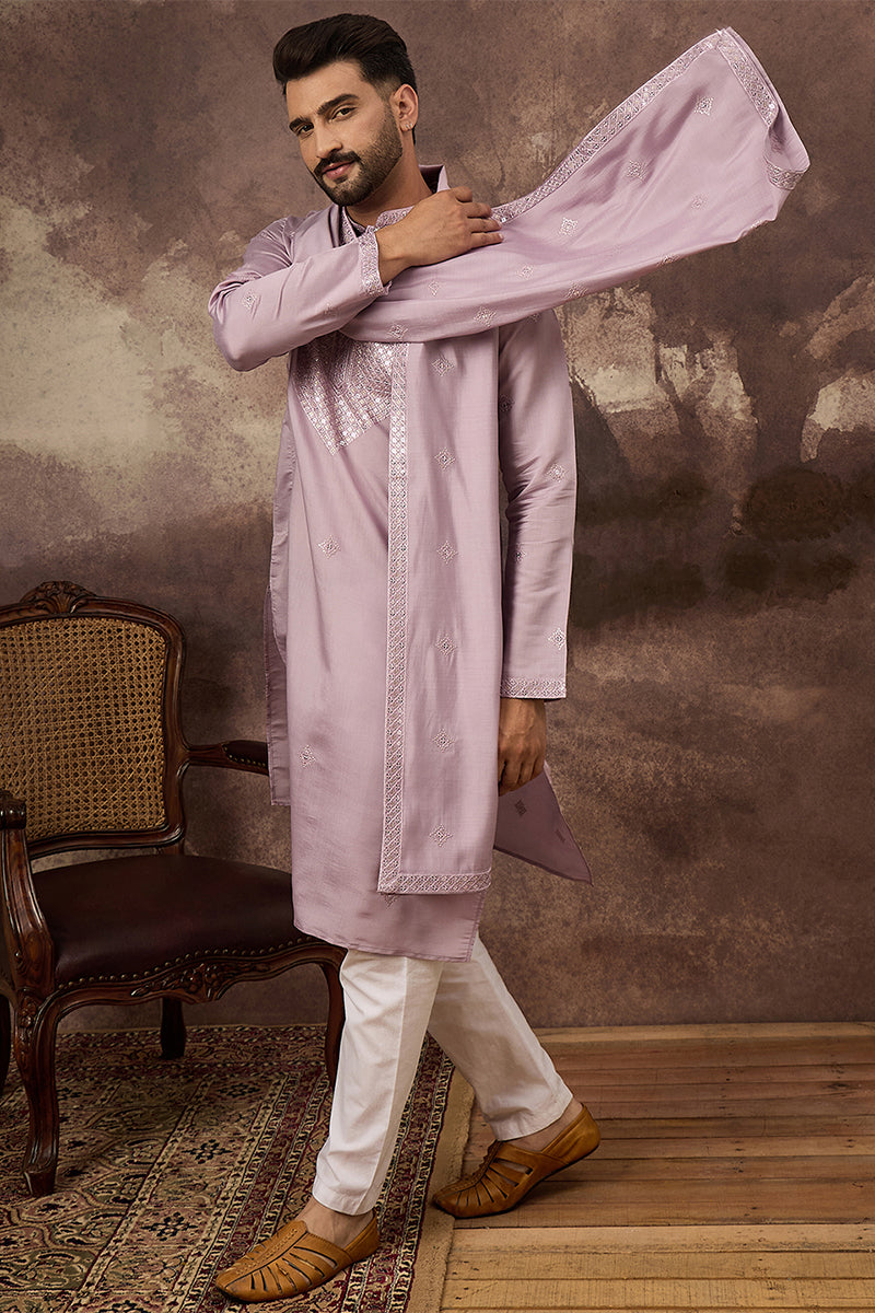 Lavender Silk Blend Solid Embroidered Straight Kurta with Dupatta For Men | SHOBITAM