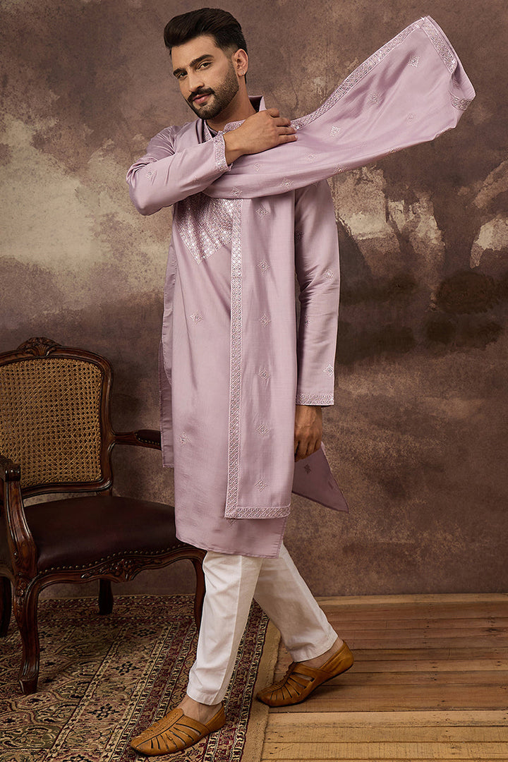 Lavender Silk Blend Embroidered Straight Kurta Trouser with Dupatta | SHOBITAM
