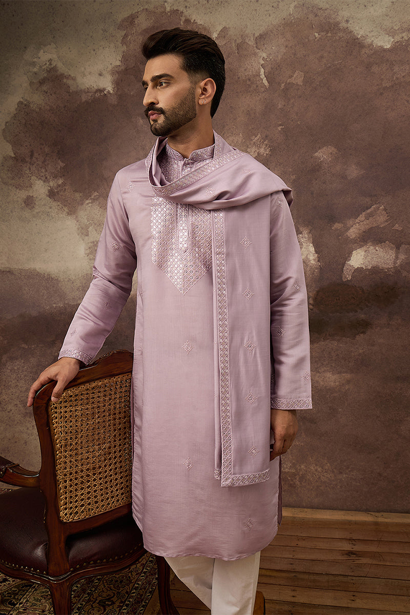 Lavender Silk Blend Solid Embroidered Straight Kurta with Dupatta For Men | SHOBITAM