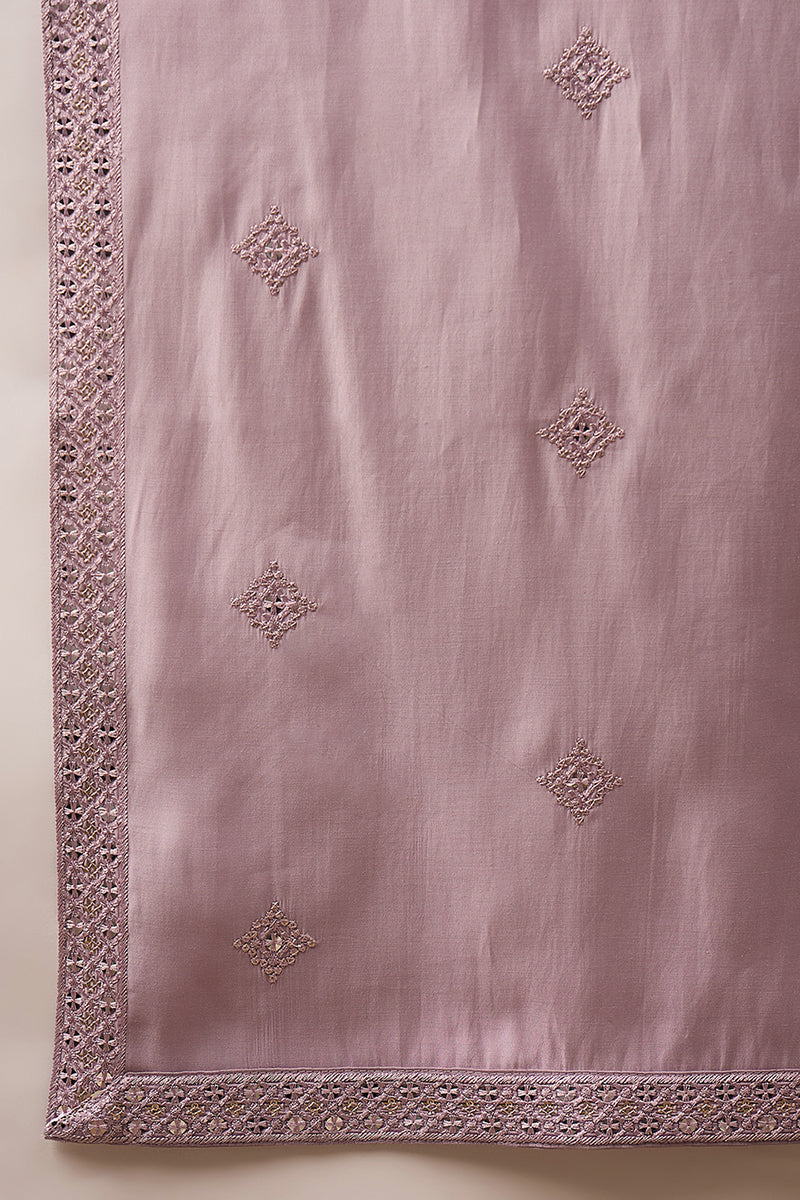Lavender Silk Blend Embroidered Straight Kurta Trouser with Dupatta | SHOBITAM