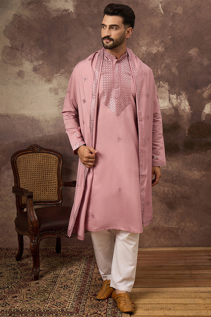 Pink Silk Blend Embroidered Straight Kurta Trouser with Dupatta | SHOBITAM