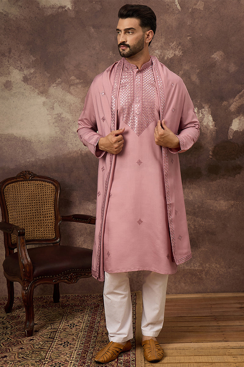 Pink Silk Blend Embroidered Straight Kurta Trouser with Dupatta | SHOBITAM