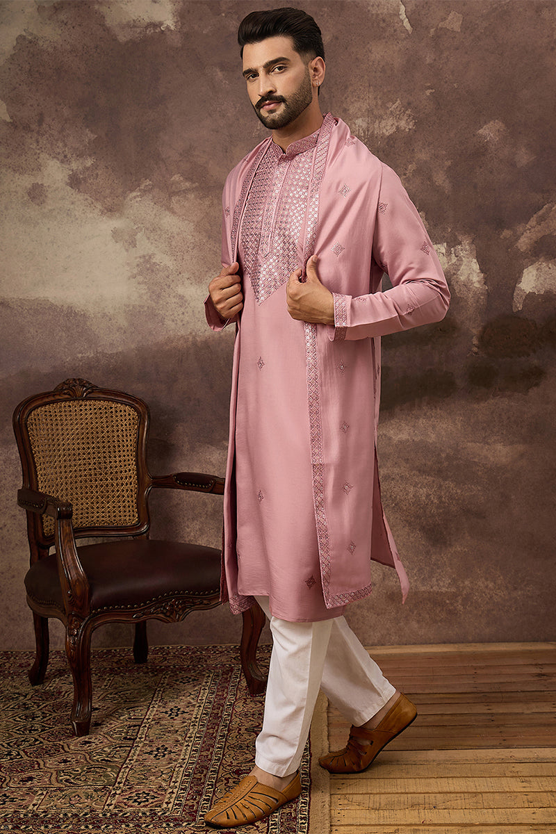 Pink Silk Blend Embroidered Straight Kurta Trouser with Dupatta | SHOBITAM