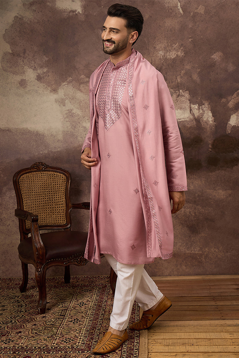 Pink Silk Blend Embroidered Straight Kurta Trouser with Dupatta | SHOBITAM
