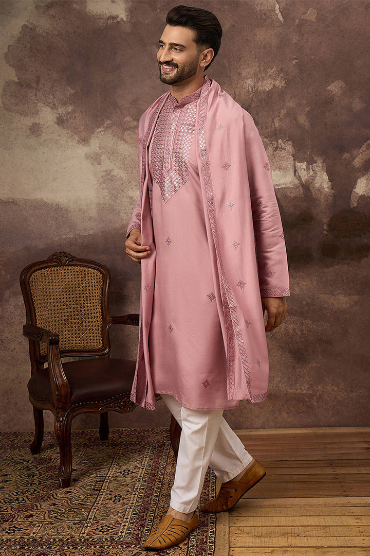 Pink Silk Blend Embroidered Straight Kurta Trouser with Dupatta | SHOBITAM