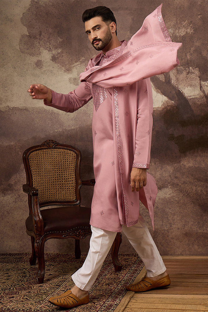 Pink Silk Blend Embroidered Straight Kurta Trouser with Dupatta | SHOBITAM