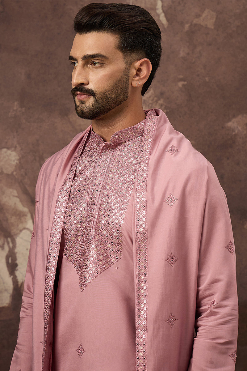 Pink Silk Blend Embroidered Straight Kurta Trouser with Dupatta | SHOBITAM