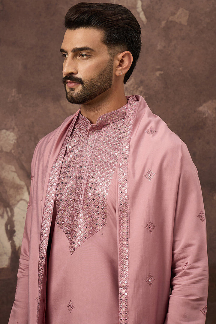 Pink Silk Blend Embroidered Straight Kurta Trouser with Dupatta | SHOBITAM