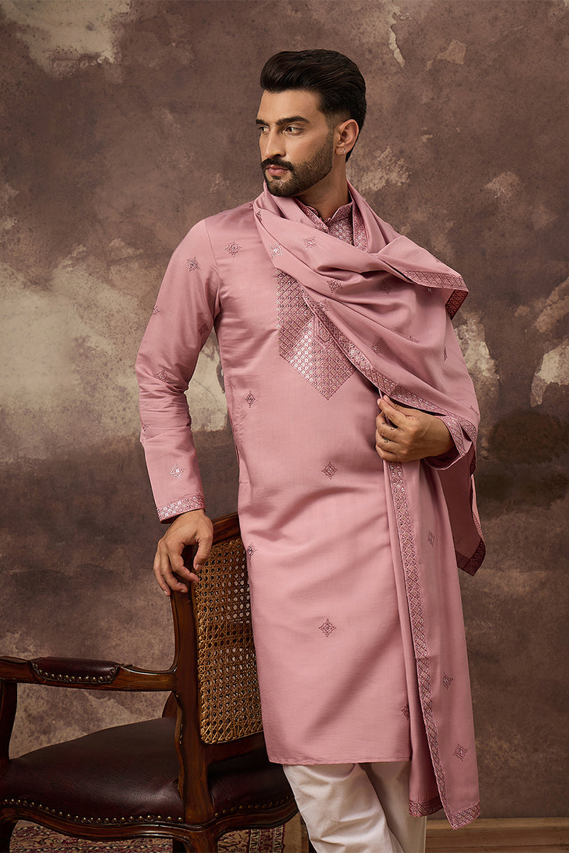 Pink Silk Blend Embroidered Straight Kurta Trouser with Dupatta | SHOBITAM