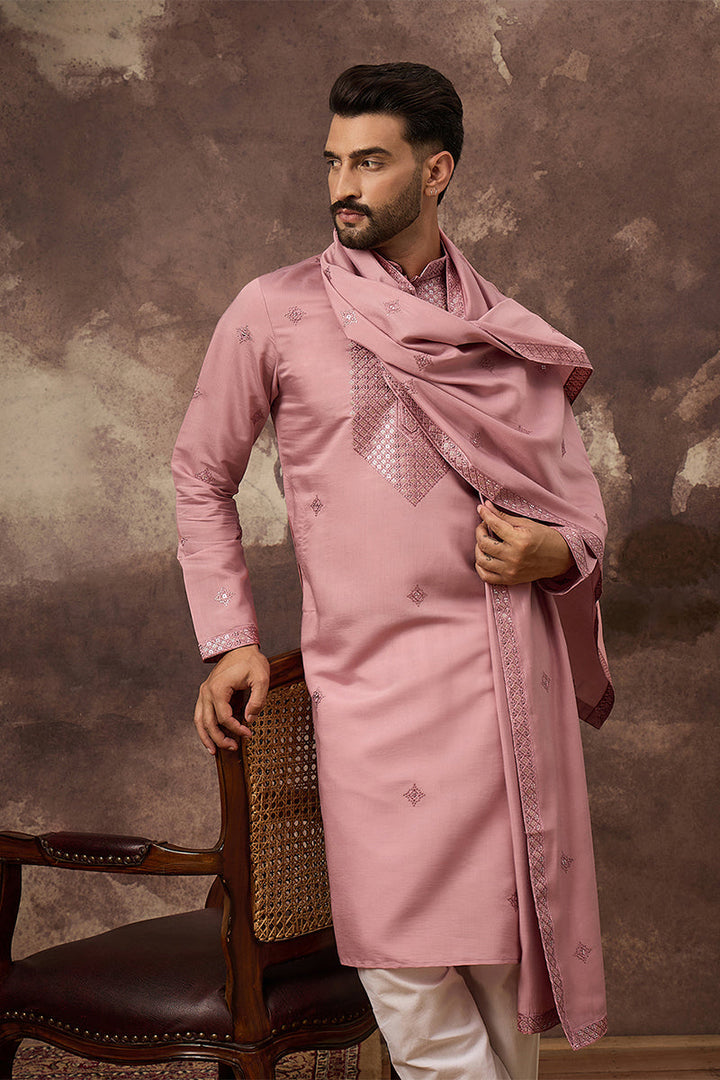 Pink Silk Blend Embroidered Straight Kurta Trouser with Dupatta | SHOBITAM